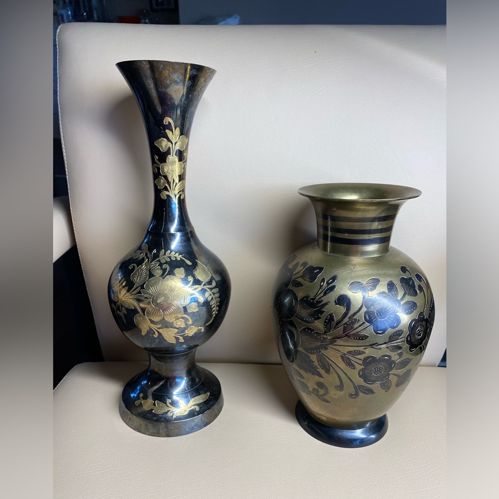 solid brass vases itched flowers India Lot of 2